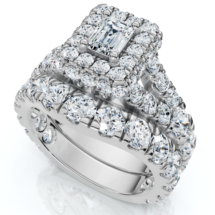 4Ct TW Emerald Cut Halo Diamond Engagement Wedding Ring Set Lab Grown Gold