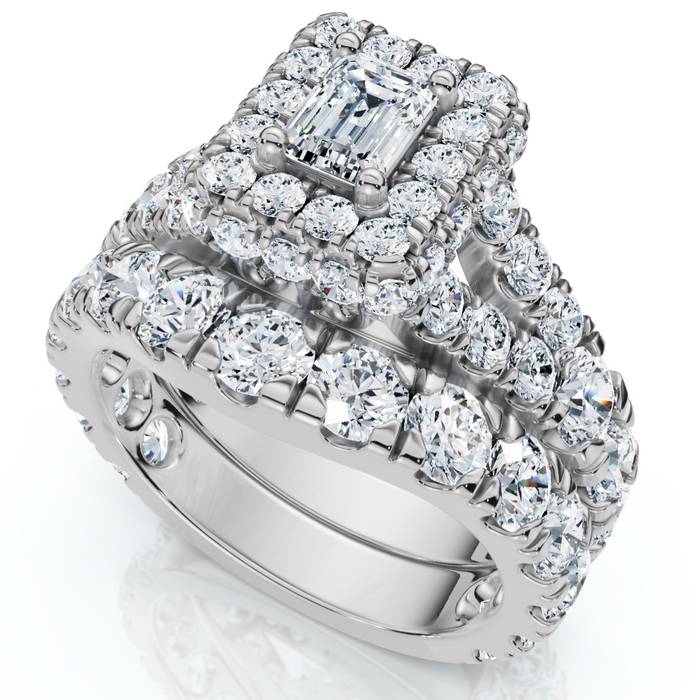 4Ct TW Emerald Cut Halo Diamond Engagement Wedding Ring Set Lab Grown Gold