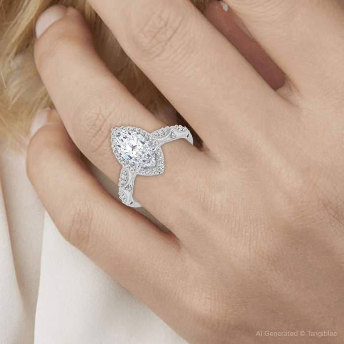 2 1/4Ct Marquise Halo Nature Inspired Lab Grown Diamond Engagement Ring 14k Gold