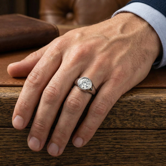 Mens Solitaire Round Diamond Ring 1Ct Anniversary Pinky Ring 14k Gold Lab Grown