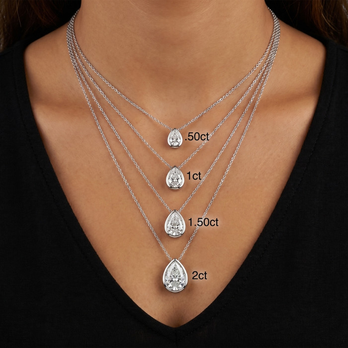 .50 - 2Ct Bezel Pear Shape Diamond Pendant 14k Gold Necklace 18" Lab Grown