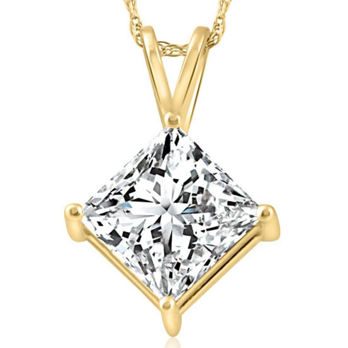 3Ct Certified Princess Cut Diamond Pendant 14k Yellow Gold Lab Grown