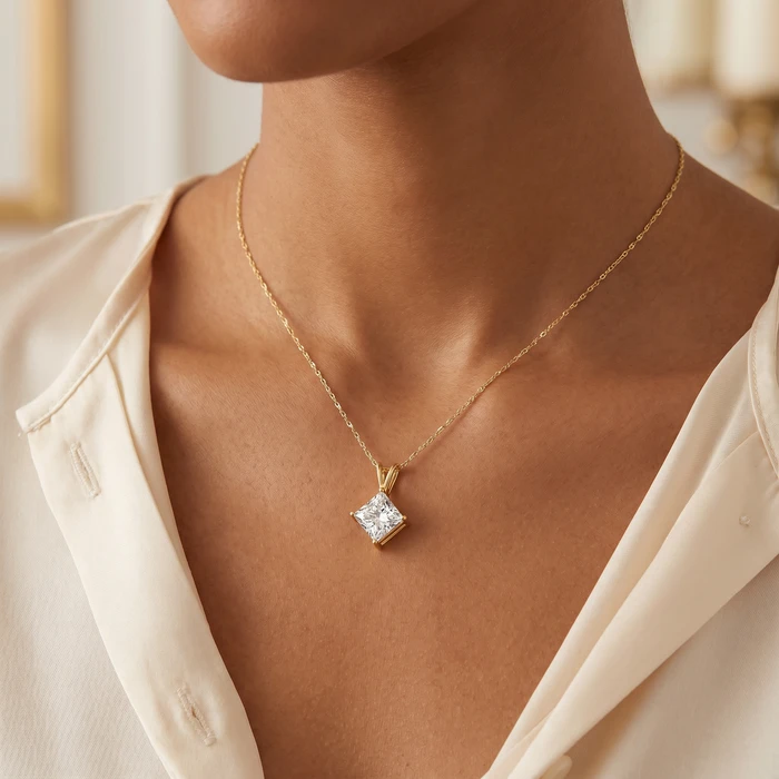 3Ct Certified Princess Cut Diamond Pendant 14k Yellow Gold Lab Grown