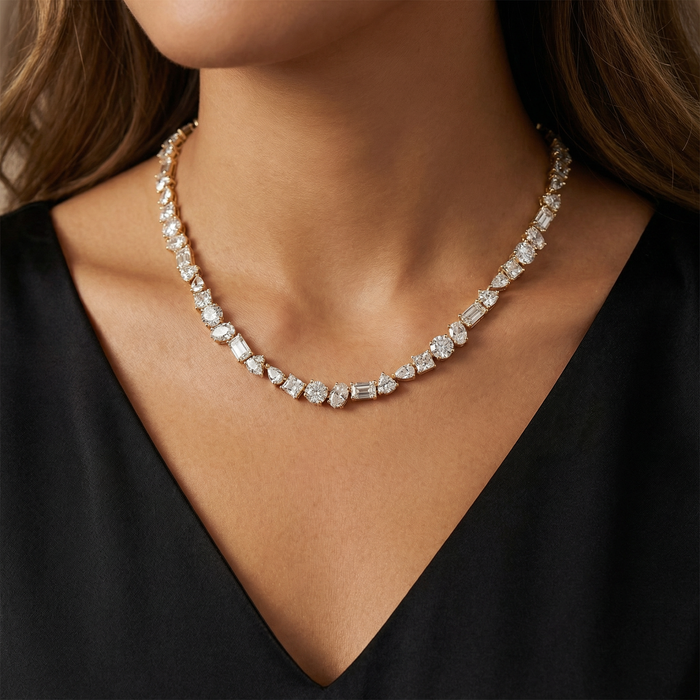 45Ct Fancy Diamond Multi Shape Tennis Necklace 14k Gold Lab Grown