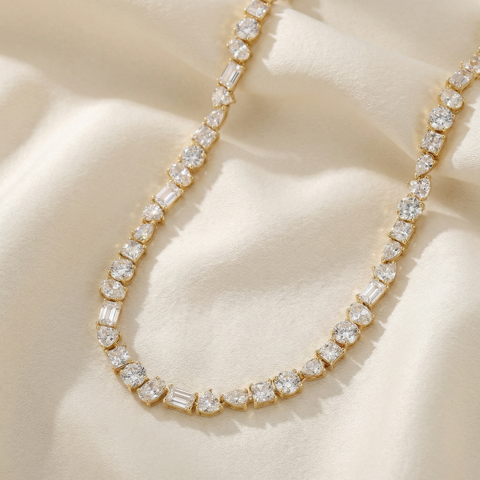 45Ct Fancy Diamond Multi Shape Tennis Necklace 14k Gold Lab Grown
