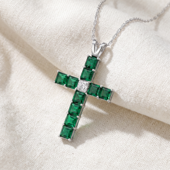 6Ct TW Princess Cut Diamond & Emerald Cross Pendant Necklace Gold Lab Grown