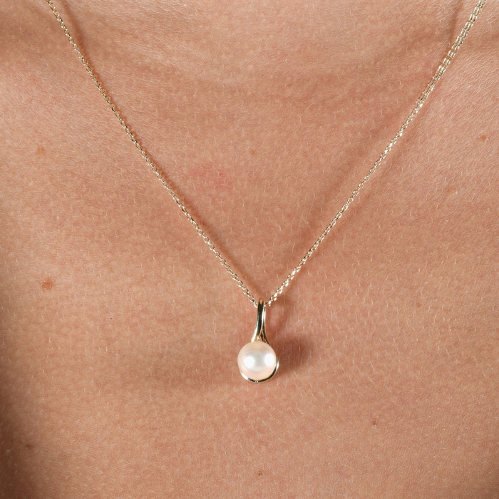 7mm Pearl Solitaire Pendant 14k Gold 18" Necklace 18mm Tall