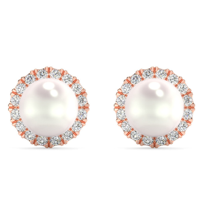 6mm Pearl & Diamond Halo Studs Women's 14k Gold Earrings Lab Grown