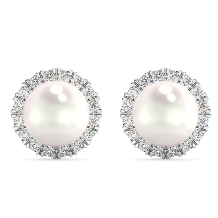 6mm Pearl & Diamond Halo Studs Women's 14k Gold Earrings Lab Grown