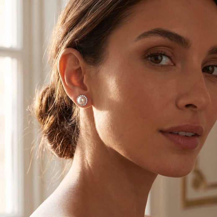 6mm Pearl & Diamond Halo Studs Women's 14k Gold Earrings Lab Grown