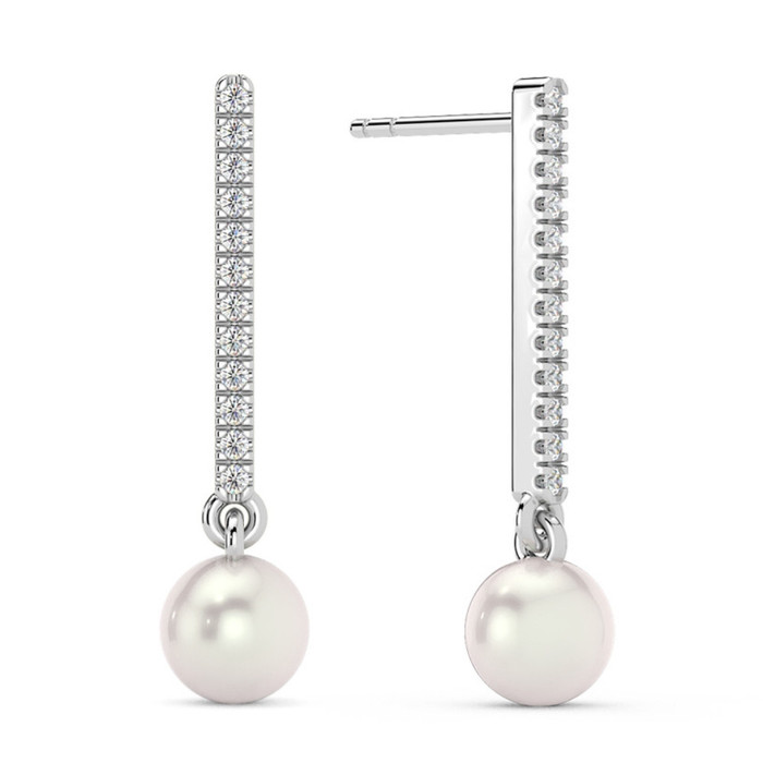 6mm Pearl & Diamond Dangle Earrings Women's 14k Gold Tennis Earrings Lab Grown