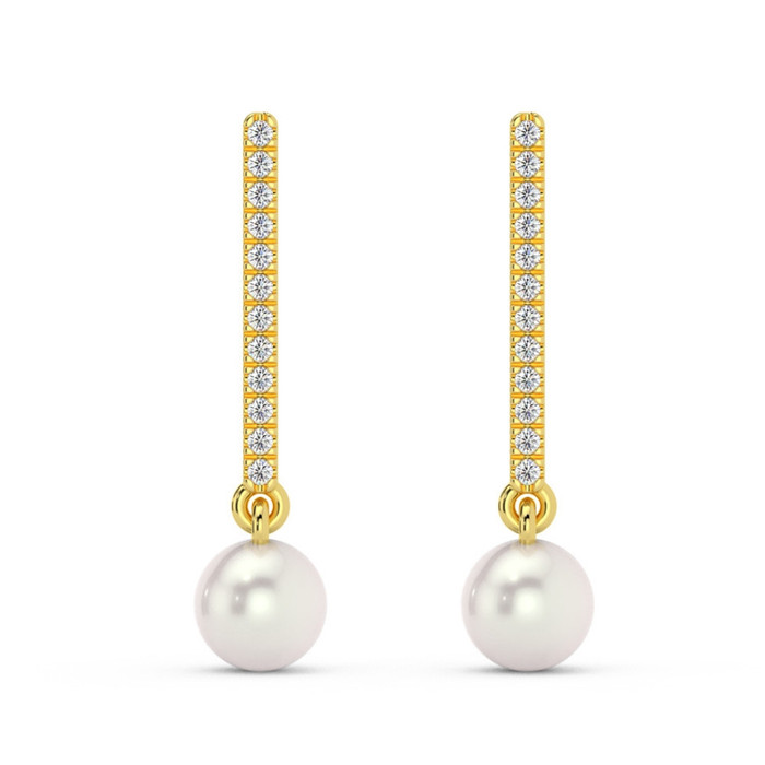 6mm Pearl & Diamond Dangle Earrings Women's 14k Gold Tennis Earrings Lab Grown