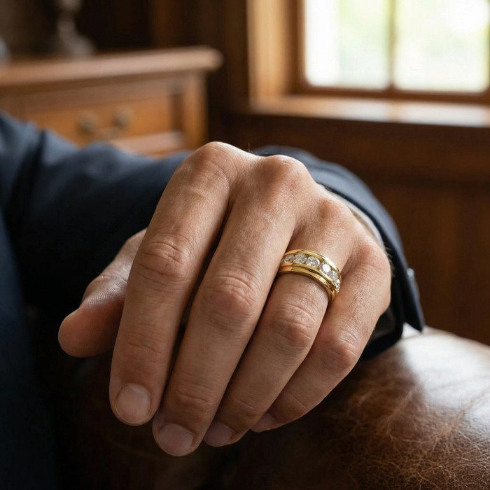 4Ct Diamond Men's Six Stone Anniversary Wedding Ring in 10k Yellow Gold