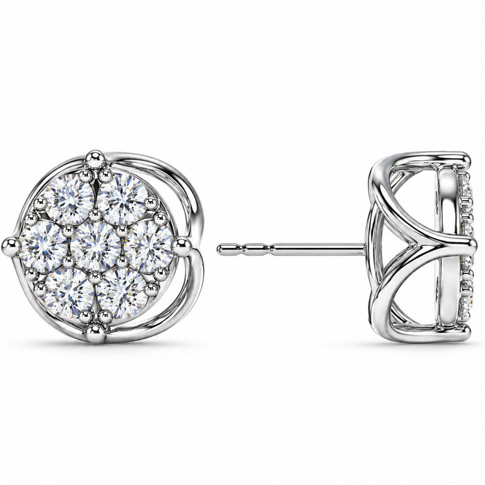 1 - 2 3/4Ct Diamond 7-Stone Stud Earrings White, Yellow, or Rose Gold Lab Grown