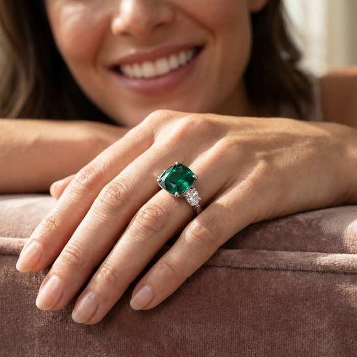 7.55Ct Green Cushion Emerald & Marquise Three Stone Ring 14k Gold lab Grown