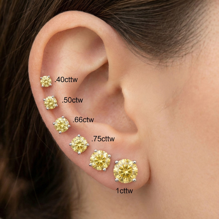 .40 - 1.00 Ct TW Fancy Yellow Round Diamond Studs in 14k Gold Lab Grown Earrings