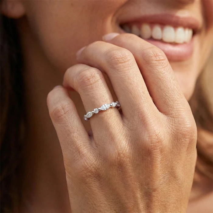 1Ct Marquise & Round Diamond Eternity Wedding Stackable Ring 14k Gold Lab Grown