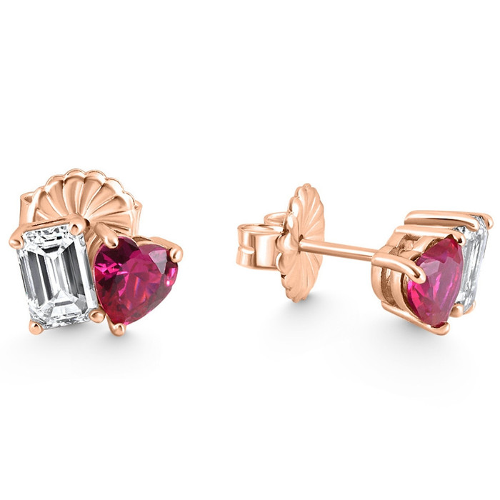 4Ct Toi Et Moi Emerald Diamond & Ruby Heart Studs 14k Gold Lab Grown