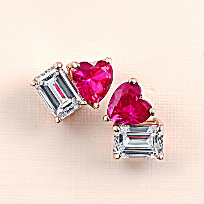 4Ct Toi Et Moi Emerald Diamond & Ruby Heart Studs 14k Gold Lab Grown