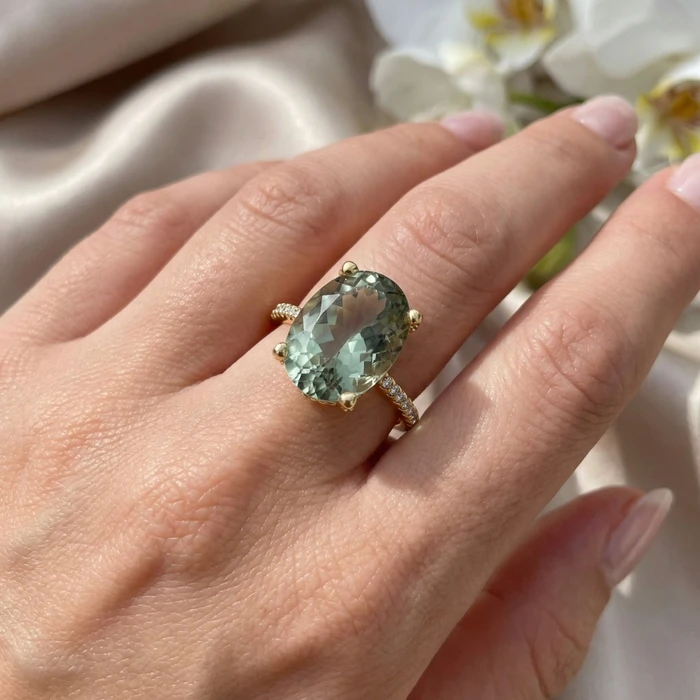 5 3/4Ct Oval Green Amethyst Diamond Side Halo Ring 14k Yellow Gold Lab Grown