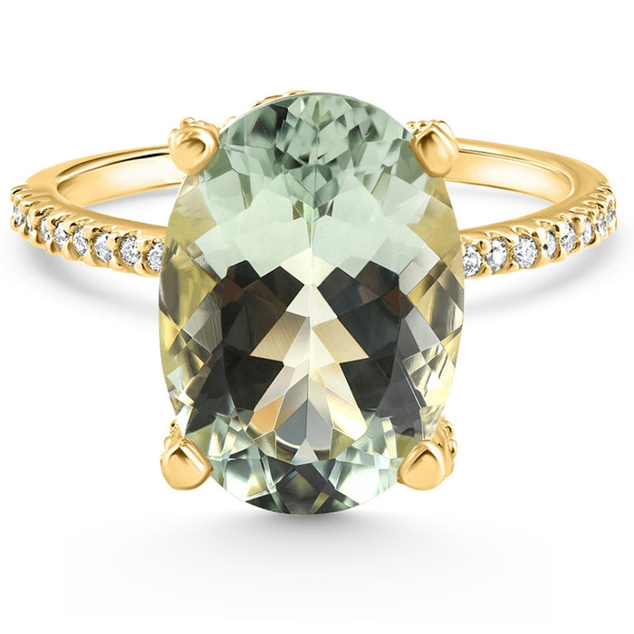 5 3/4Ct Oval Green Amethyst Diamond Side Halo Ring 14k Yellow Gold Lab Grown