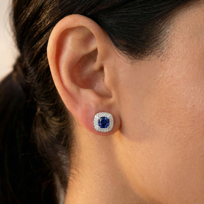 2.65Ct Cushion Halo Blue Sapphire Diamond Studs 14k White Gold Earring Lab Grown