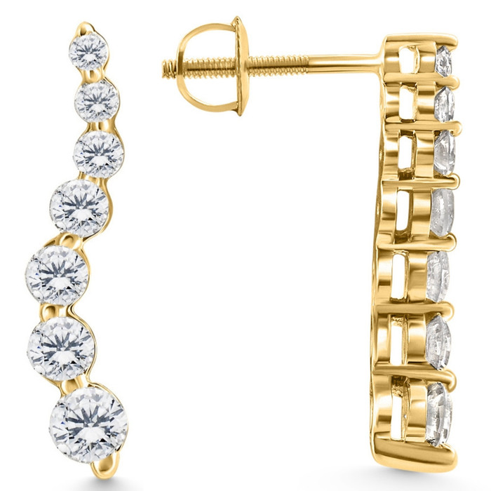 1Ct Natural Diamond Journey Earrings 7-Stone 14k Gold 1" Tall Screw Back Studs
