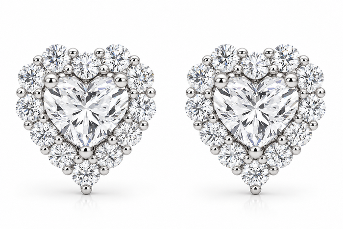 1.30Ct Heart Shape Diamond Halo Studs White or Yellow Gold Lab Grown