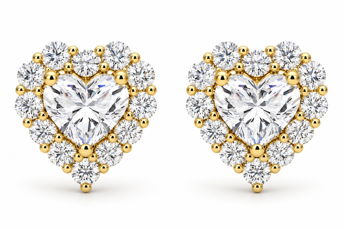 1.30Ct Heart Shape Diamond Halo Studs White or Yellow Gold Lab Grown