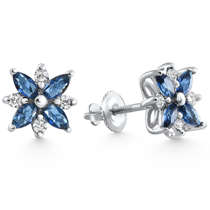 .60Ct Petal Marquise Blue Sapphire Diamond Studs Earrings White Gold Lab Grown