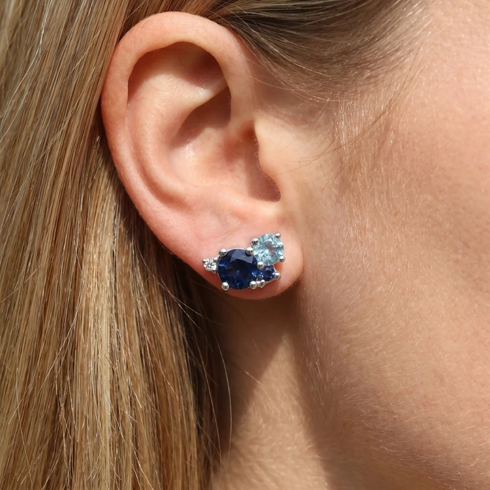 4Ct Diamond & Blue Gemstone Hydrangea Bouquet Earrings Studs 14k Gold Lab Grown