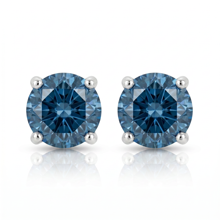 Round Four Prong Blue Diamond Studs 14k Gold Lab Grown
