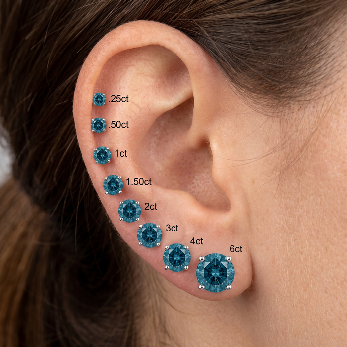 Round Four Prong Blue Diamond Studs 14k Gold Lab Grown