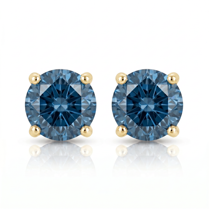 Round Four Prong Blue Diamond Studs 14k Gold Lab Grown