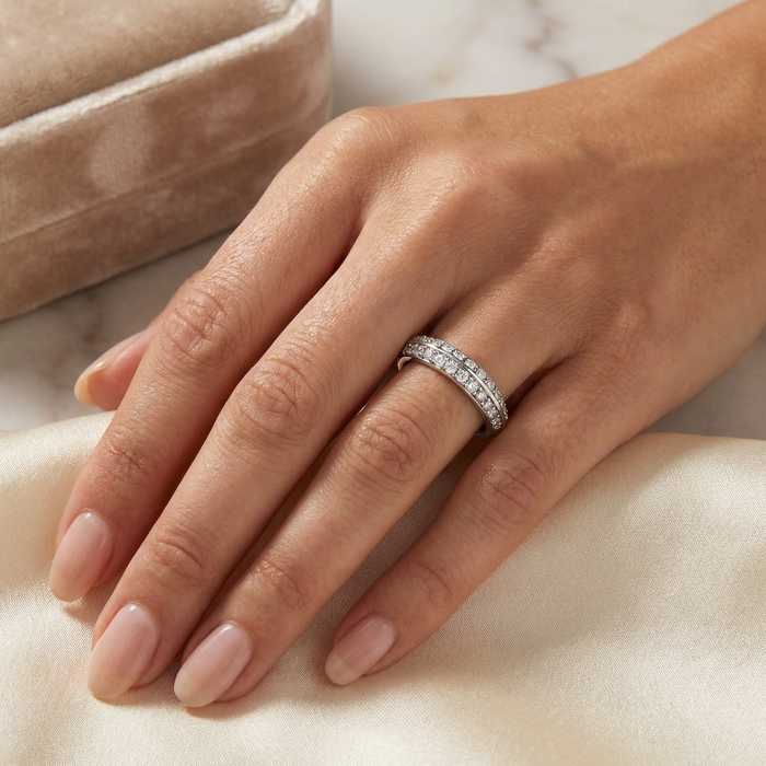 F/VS .39Ct Double Row Pave Diamond Wedding Ring 14k Gold Lab Grown