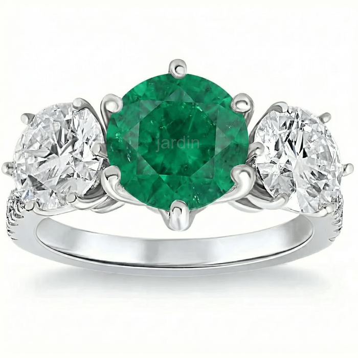 6 3/4Ct Emerald Diamond Ring Three Stone Gold Lab Grown