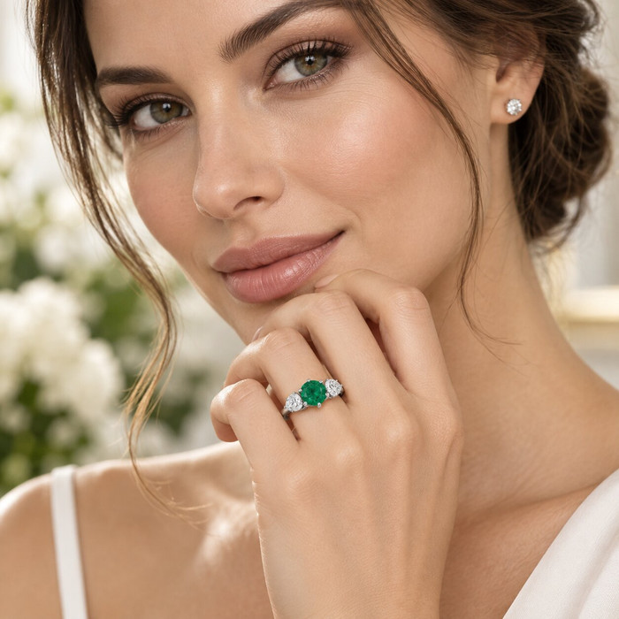6 3/4Ct Emerald Diamond Ring Three Stone Gold Lab Grown