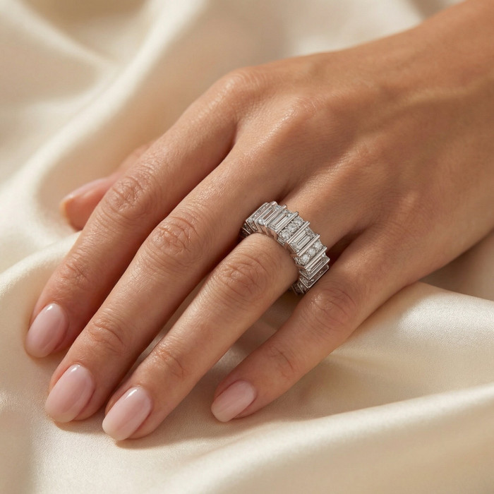 6 Ct Emerald Cut Designer Wide Diamond Eternity Wedding Ring 14k Gold Lab Grown