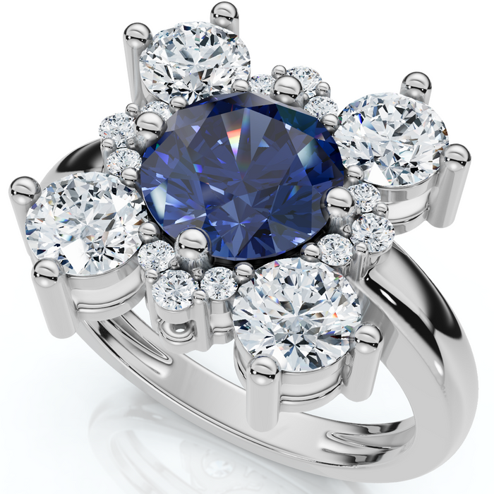 Soraya 2Ct Blue Sapphire & Diamond Floral Ring 10K Gold Lab Grown