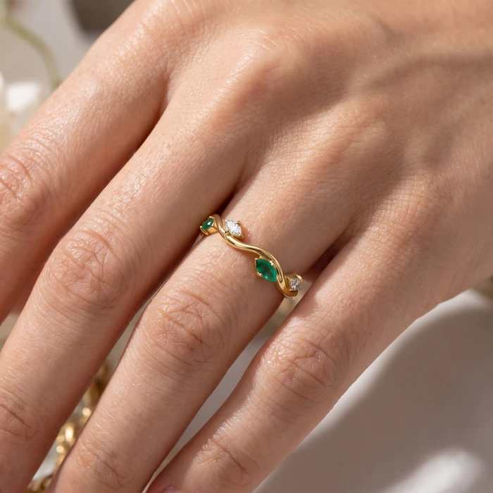 3/8Ct Emerald Marquise Shape Diamond & Gemstone Wedding Ring 10k Gold Lab Grown