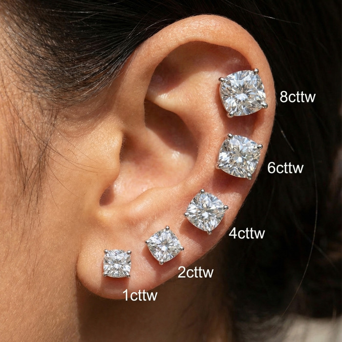 1 - 8Ct Cushion Cut Diamond Studs 14k Gold Lab Grown Women's Earrings