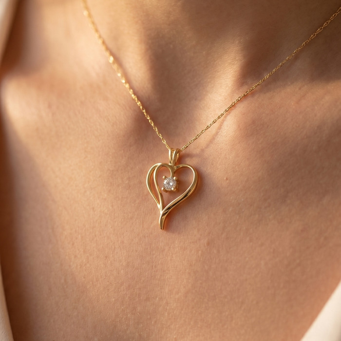 1/3Ct Solitaire Diamond Heart Pendant Gold Lab Grown 18" Necklace 3/4" Tall