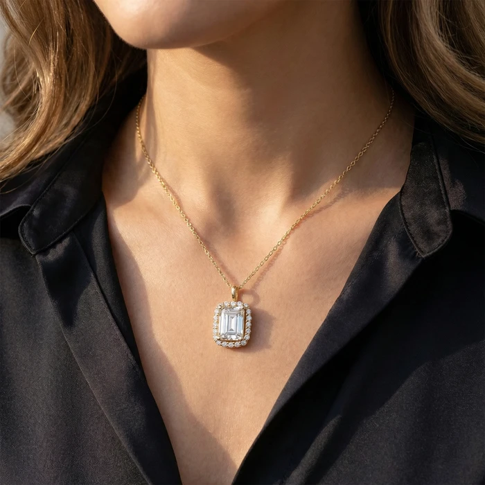 3 1/2 Ct Emerald Moissanite & Lab Grown Diamond Halo Pendant 14k Gold Necklace