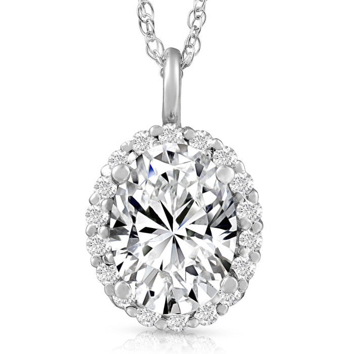 3 Ct Oval Moissanite & Lab Grown Diamond Halo Pendant 14k Gold Necklace 3 Ct Oval Moissanite & Lab Grown Diamond Halo Pendant 14k Gold Necklace