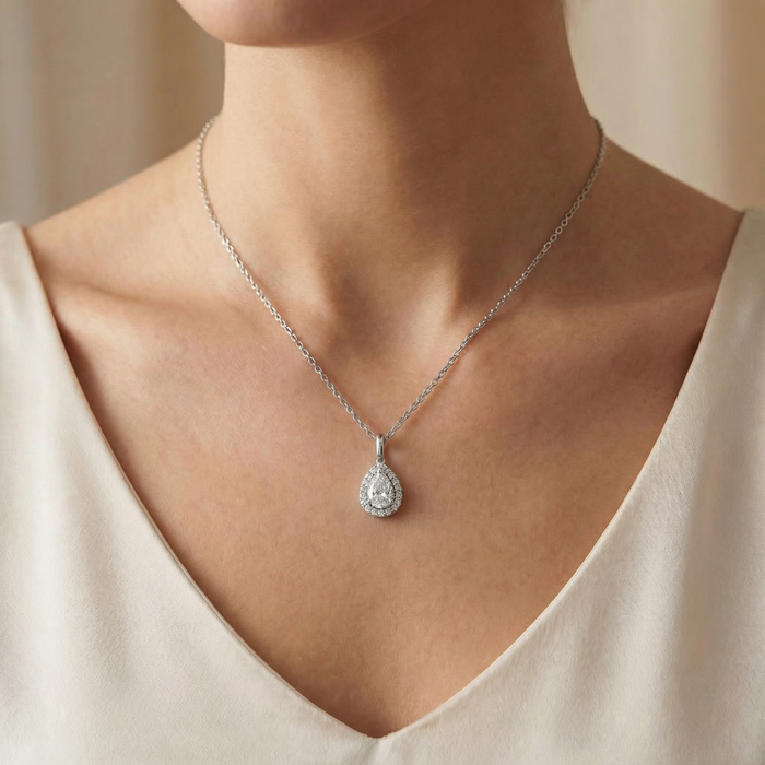 2 1/6 Pear Shape Moissanite & Lab Grown Diamond Halo Pendant 14k Gold Necklace