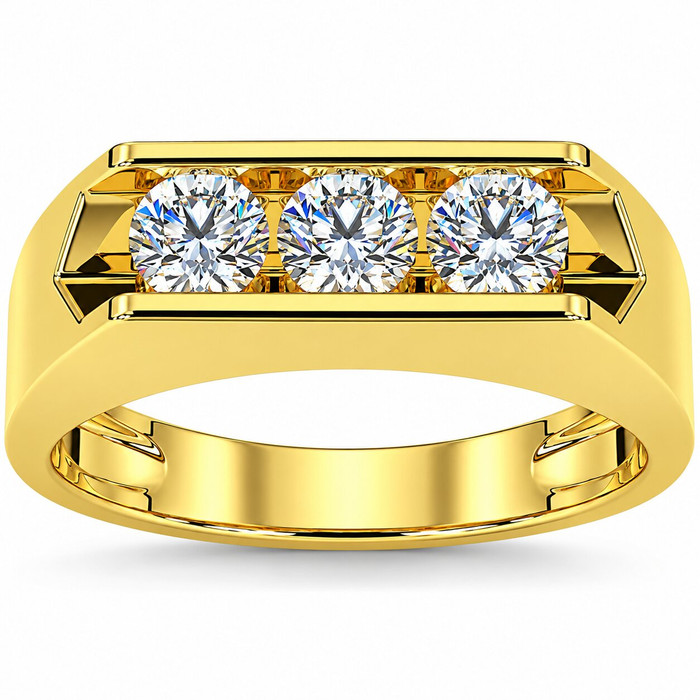 1 1/2ct Lab Grown Diamond Three Stone Mens Wedding Ring 10K Yellow Gold