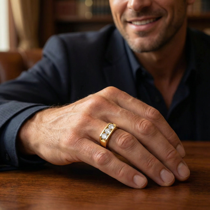 1 1/2ct Lab Grown Diamond Three Stone Mens Wedding Ring 10K Yellow Gold