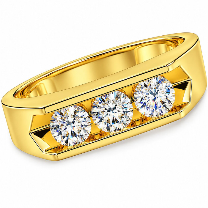 1 1/2ct Lab Grown Diamond Three Stone Mens Wedding Ring 10K Yellow Gold