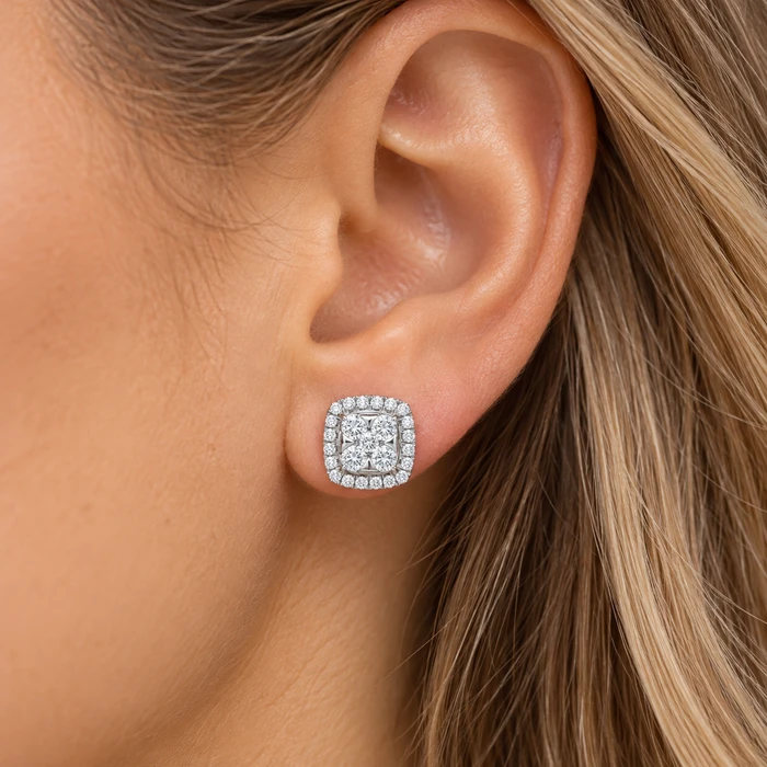 1Ct TW Round Diamond Cushion Halo Studs 10k Yellow Gold Lab Grown Earrings