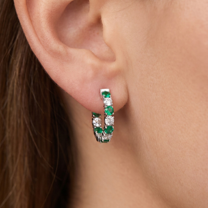 4 1/2Ct Emerald & Diamond Hoops White or Yellow Gold Lab Grown 1" Tall
